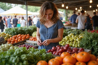 Woman thoughtfully choosing fresh vegetables at a market