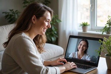 Woman receiving virtual coaching via video call