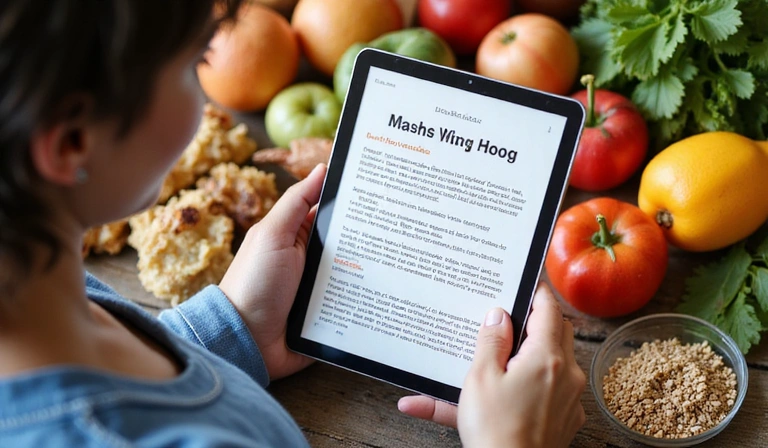 A person reading a blog on a tablet with healthy food in the background, symbolizing learning and wellness.
