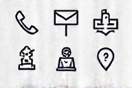 Iconos estilizados de teléfono, sobre y ubicación