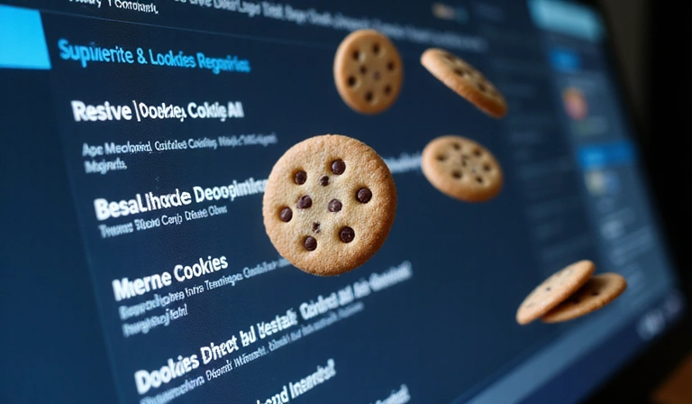 Galletas digitales volando alrededor de una computadora, representando el uso de cookies en un sitio web.