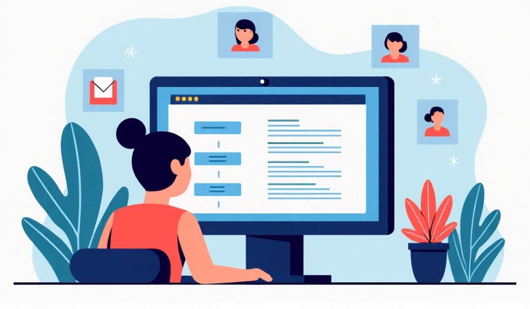 Ilustración de un usuario llenando un formulario en línea en una pantalla, con iconos de datos alrededor.