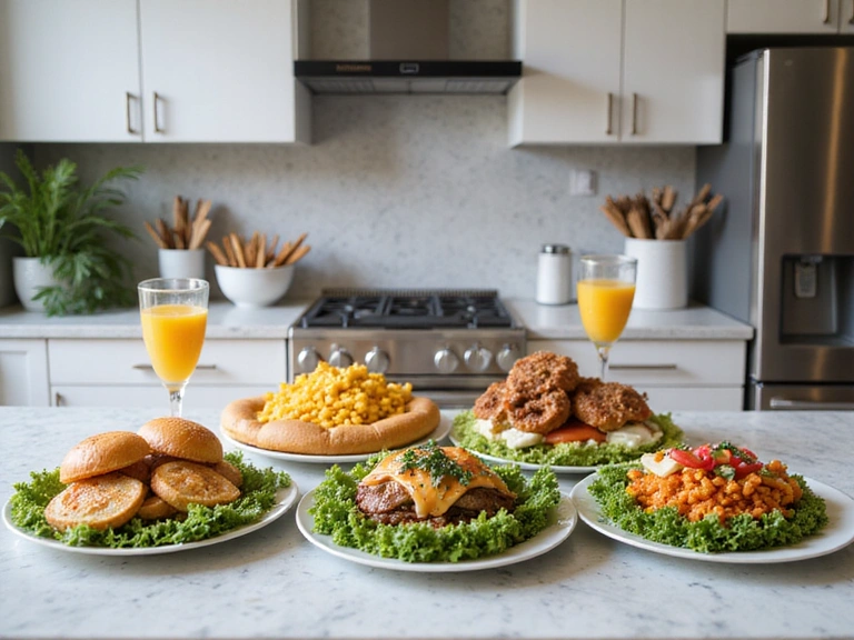 A variety of healthy, colorful meals arranged on a kitchen counter