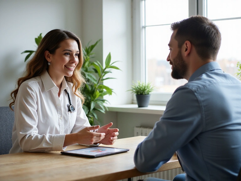 Nutricionista consultando a un cliente en un ambiente luminoso.